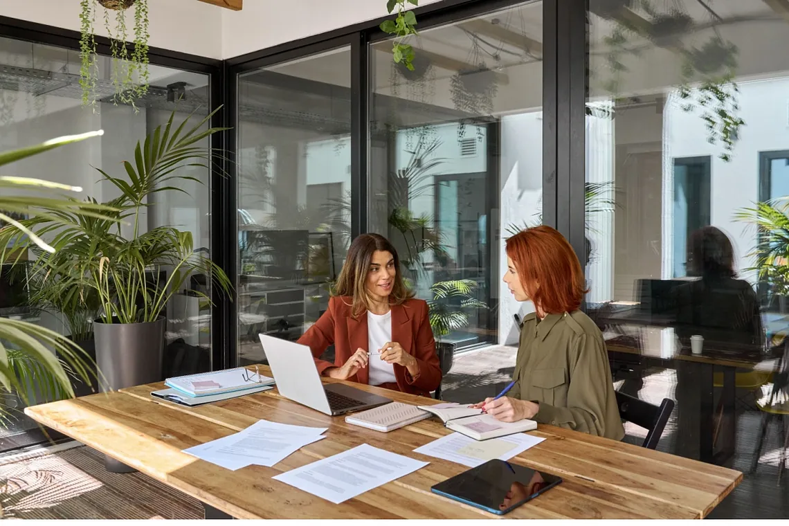 Two businesswomen working together at a desk